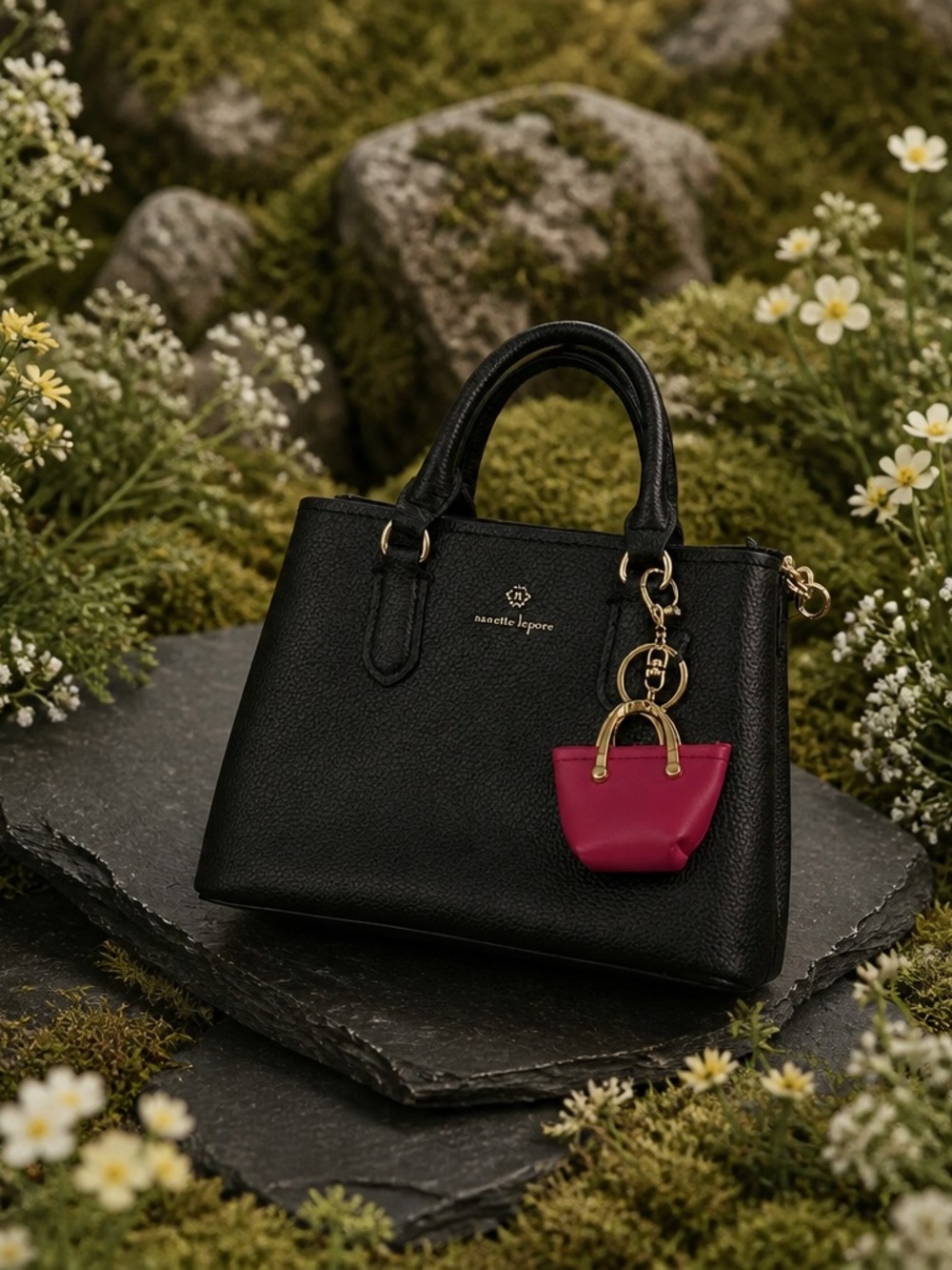 Nanette Lepore Black Pebbled Leather Satchel with Pink Charm Keychain nwot